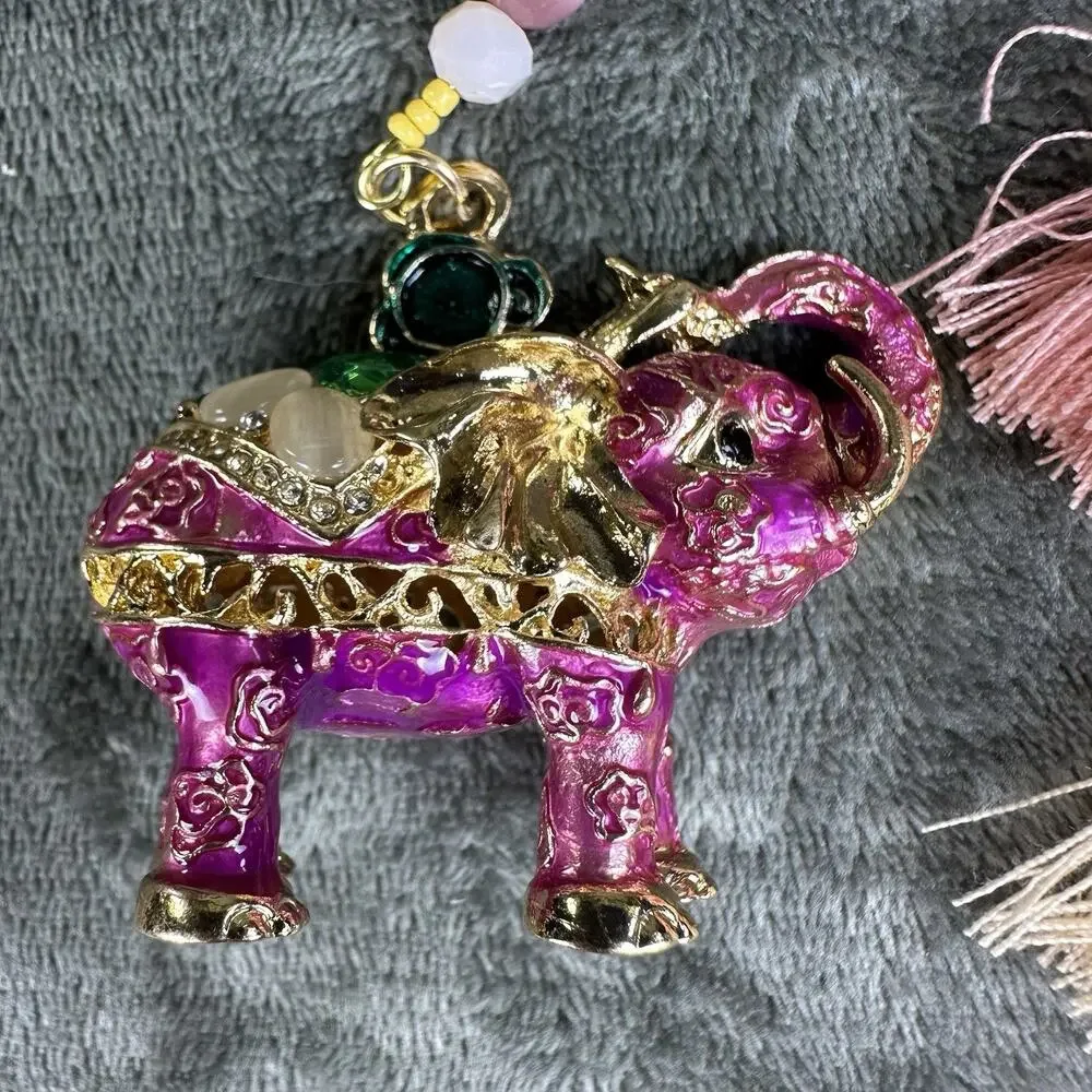 Elephant Pink Bag charm Keychain Metal enamel Boho tier Tassel Beading Unique.